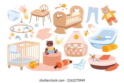 Newborn furniture and nursery interior. Children bedroom, crib bed and soft plush toys, baby shower details, toddler care accessories and playroom decoration vector illustration