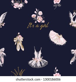 Newborn Girl Baby Shower Background. Seamless Pattern For Little Ballerina With Pointe, Tutu, Swan, Flowers And Other Symbols Of Ballet. Hand Drawn Gold And Pink Illustration On Black Blue Background.