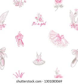 Newborn girl baby shower background. Seamless pattern for little ballerina with pointe, tutu, swan, flowers and other symbols of ballet. Hand drawn pink illustration on white background.