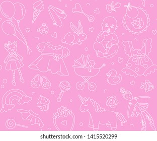 Newborn girl baby shower seamless pattern for textile, print, greeting cards, wrapping paper, wallpaper. Birthday celebration party. Vector illustration design thin line doodle style. Pink and white