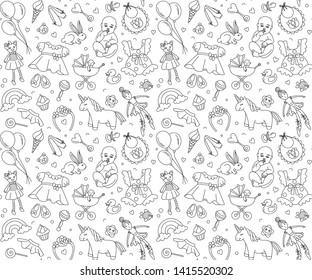 Newborn girl baby shower seamless pattern for textile, print, greeting cards, wrapping paper, wallpaper. Birthday celebration party. Vector illustration design thin line doodle style. Black and white