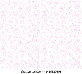 Newborn girl baby shower seamless pattern for textile, print, greeting cards, wrapping paper, wallpaper. Birthday celebration party. Vector illustration design thin line doodle style. Pink and white