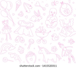 Newborn girl baby shower seamless pattern for textile, print, greeting cards, wrapping paper, wallpaper. Birthday celebration party. Vector illustration design thin line doodle style. Pink and white