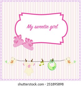 Newborn girl congratulate card. Toys, bear, socks, dress, dummy, boots