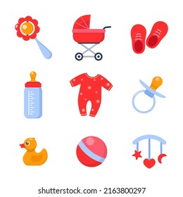 Newborn girl things, set. Elements for baby upbringing in pink color. Collection of rosy clothes, Collection of bottle, sliders, pacifier, rattle, booties, colorful toys. Vector illustration
