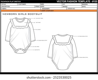 NEWBORN GIRLS BODYSUIT FLAT SKETCH FASHION TEMPLATE TECHNICAL ILLUSTRATION