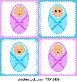 Newborn girls and boys / Set of icons with the images of the newborns. Isolated on the white.  The different graphics of the vector image are all on separate layers.