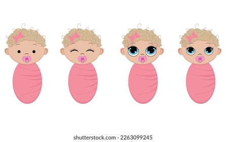 Newborn girls set.Illustration for baby shower, gender reveal, birthday party. Flat vector design.