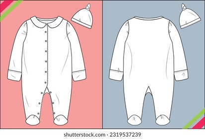 NEWBORN GIRLS SLEEPSUIT FLAT SKETCH FASHION TEMPLATE TECHNICAL ILLUSTRATION