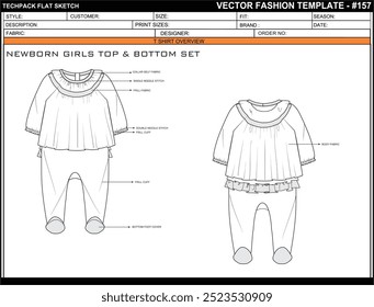 NEWBORN GIRLS TOP BOTTOM SET FLAT SKETCH FASHION TEMPLATE TECHNICAL ILLUSTRATION