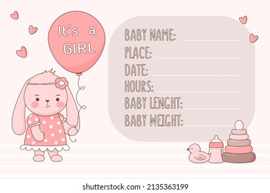 Newborn Greeting Card For Girls With Toy Hare And Balloon