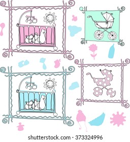  Newborn hand drawing icon set. Set of baby icons. Baby doodles icons.