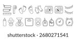 Newborn hand drawn vector elements set. Birth announcement. Set baby metric doodles. Gender party outline icons. Birth stats line art illustrations. Age, height, weight data and cute baby accessories.
