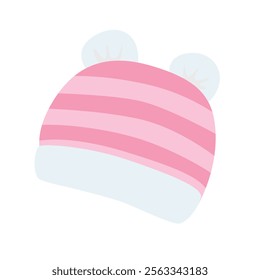 Newborn hat vector illustration in cartoon style isolated on white background. Pink baby hat clipart in flat design with bear ears and stripe pattern. Baby shower, baby element.