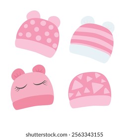 Newborn hat vector illustration set in cartoon style isolated on white background. Pink baby hat clipart in flat design with bear ears. Baby shower, baby element.