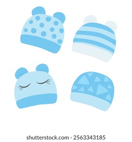 Newborn hat vector illustration set in cartoon style isolated on white background. Blue baby hat clipart in flat design with bear ears. Baby shower, baby element.