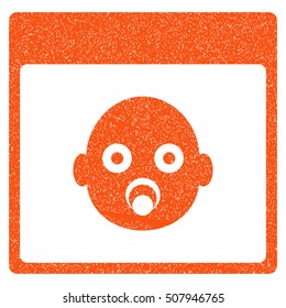 Newborn Head Calendar Page grainy textured icon for overlay watermark stamps. Flat symbol with dust texture. Dotted vector orange ink rubber seal stamp with grunge design on a white background.
