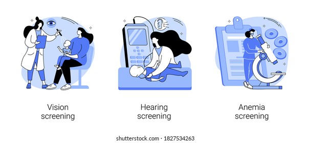 Newborn Healthcare Abstract Concept Vector Illustration Set. Vision And Hearing Screening, Anemia Diagnosis, Primary Care, Pediatric Exam, Genetic Disorder Test, Iron Deficiency Abstract Metaphor.