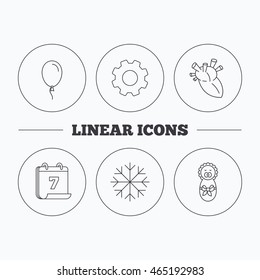 Newborn, heart and air balloon icons. Snowflake linear sign. Flat cogwheel and calendar symbols. Linear icons in circle buttons. Vector