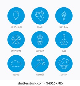 Newborn, heart and lab bulb icons. Ice cream, muffin and air balloon linear signs. Cloud and snowflake flat line icons. Blue circle buttons set. Linear icons.