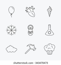 Newborn, heart and lab bulb icons. Ice cream, muffin and air balloon linear signs. Cloud and snowflake flat line icons. Linear black icons on white background.