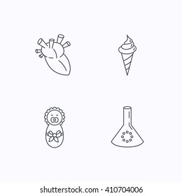 Newborn, heart and lab bulb icons. Ice cream linear sign. Flat linear icons on white background. Vector