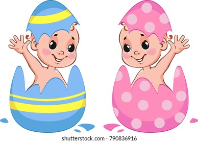 newborn human babies in the egg. Christmas Eggs. pink and blue. vector illustration on white background.