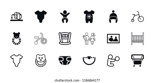 Newborn icon. collection of 18 newborn filled and outline icons such as baby onesie, family photo, child bicycle, baby toy, diaper. editable newborn icons for web and mobile.