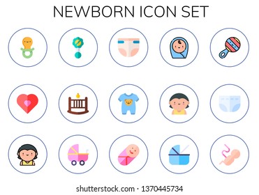 newborn icon set. 15 flat newborn icons.  Simple modern icons about  - pacifier, pregnancy, rattle, cradle, diaper, onesie, baby, mother, stroller, fetus