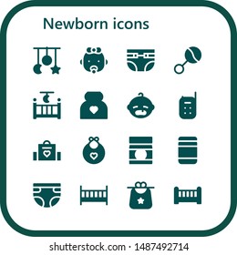 newborn icon set. 16 filled newborn icons.  Simple modern icons about  - Crib toy, Baby, Diapers, Rattle, Cradle, Pregnancy, Baby monitor, Baby bag, bib, food, Diaper