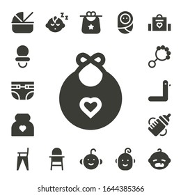 newborn icon set. 17 filled newborn icons. Included Cradle, Dummy, Diapers, Baby bib, Pregnancy, Rattle, Duck, Feeding bottle, Feeding chair, Baby boy, Baby chair, Bib, icons