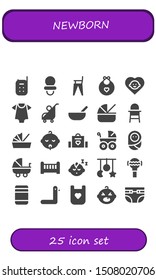 newborn icon set. 25 filled newborn icons.  Simple modern icons about  - Baby monitor, Dummy, Feeding chair, Baby bib, Baby, clothes, Stroller, food, Cradle, chair