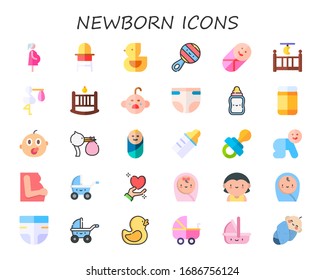 conjunto de iconos recién nacidos. 30 iconos planos recién nacidos.  Iconos modernos sencillos, como: embarazada, silla de bebé, pato, ganado, bebé, cuna, cigüeña, grito, pañal, botella de alimentación, comida para bebé, botella