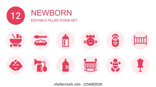 newborn icon set. Collection of 12 filled newborn icons included Baby carriage, food, Feeding bottle, girl, Baby, Baby boy, Breast pump, Baby bottle, Crib, Cradle, Dummy