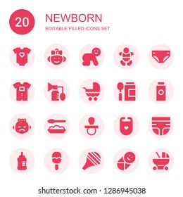 newborn icon set. Collection of 20 filled newborn icons included Baby clothes, Baby, Diaper, Breast pump, Stroller, Baby food, powder, Pacifier, Bib, bottle, Rattle