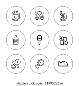 Newborn icon set. collection of 9 outline newborn icons with baby bottle, baby monitor, baby shoes, bib, breast pump, dummy, rattle icons. editable icons.