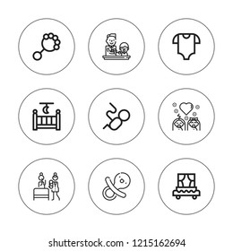 Newborn icon set. collection of 9 outline newborn icons with baby clothes, birth, carriage, cradle, dummy, feeding, fetus, rattle icons. editable icons.