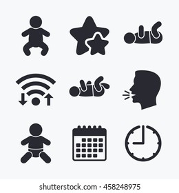 Newborn icons. Baby infant or toddler symbols. Child silhouette. Wifi internet, favorite stars, calendar and clock. Talking head. Vector