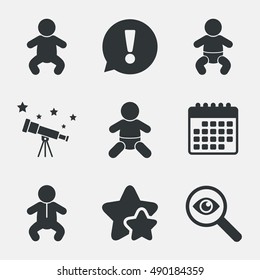 Newborn icons. Baby infant or toddler symbols. Child silhouette. Attention, investigate and stars icons. Telescope and calendar signs. Vector