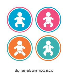 Newborn icons. Baby infant or toddler symbols. Child silhouette. Colored circle buttons. Vector