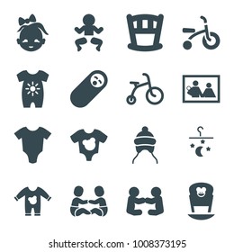 Newborn icons. set of 16 editable filled newborn icons such as baby onesie, child bicycle, newborn child, family photo