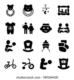 Newborn icons. set of 16 editable filled newborn icons such as baby bed, couple with newborn, bed mobile, child bicycle