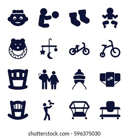 newborn icons set. Set of 16 newborn filled icons such as baby bed, baby socks, bed mobile, diaper, child bicycle