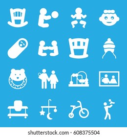 Newborn icons set. set of 16 newborn filled icons such as baby bed, bed mobile, child bicycle