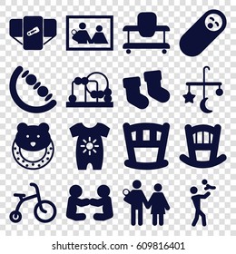 Newborn icons set. set of 16 newborn filled icons such as baby bed, bed mobile, diaper, child bicycle