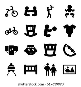 Newborn icons set. set of 16 newborn filled icons such as baby bed, diaper, child bicycle