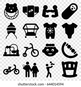 Newborn icons set. set of 16 newborn filled icons such as baby onesie, diaper, child bicycle