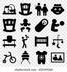 Newborn icons set. set of 16 newborn filled icons such as baby bed, bed mobile, baby girl, child bicycle