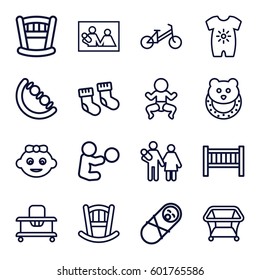 newborn icons set. Set of 16 newborn outline icons such as baby bed, baby socks, child bicycle, playpen