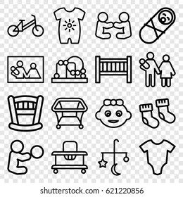 Newborn icons set. set of 16 newborn outline icons such as baby bed, bed mobile, child bicycle, playpen